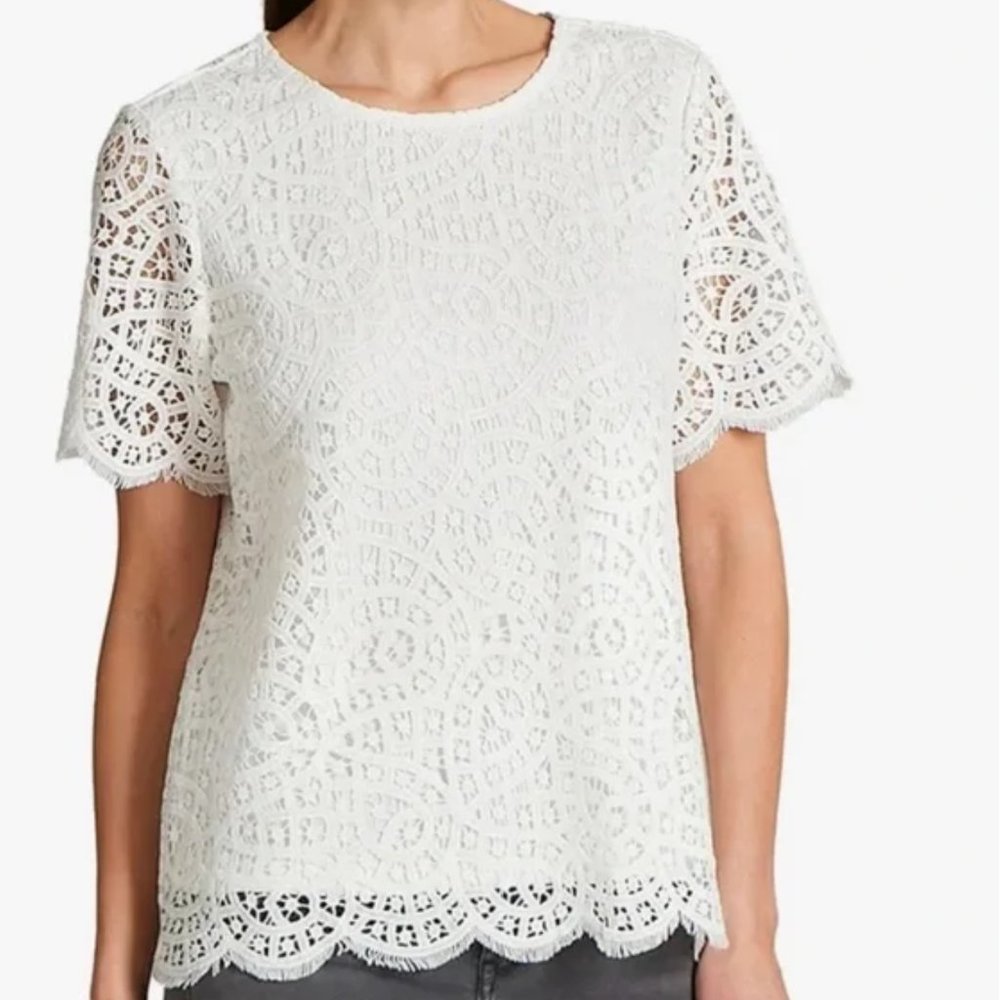 Philosophy White Crochet Overlay Short Sleeve Scalloped Hem Blouse Women's Small